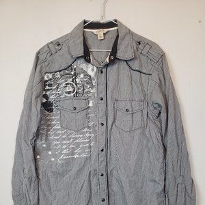 Decree Shirt Mens Large Black Snap Western Yoke Flip Cuff Art Print Black White